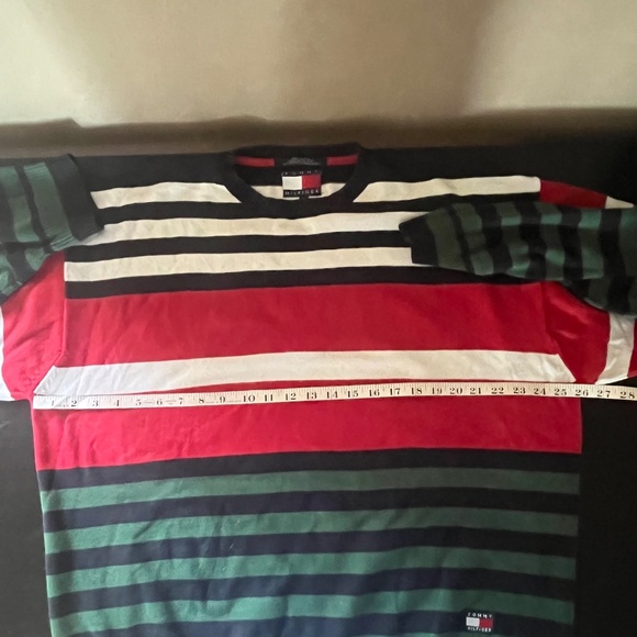 Vintage Tommy Hilfiger Navy White Red Green Striped Crew Neck Knit Sweater XL - Picture 3 of 8